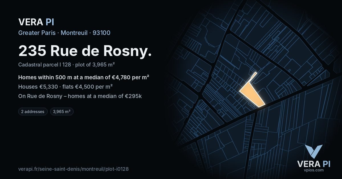 235 Rue de Rosny, Montreuil at night – the plot lit, the parcels around coloured by the prices near them