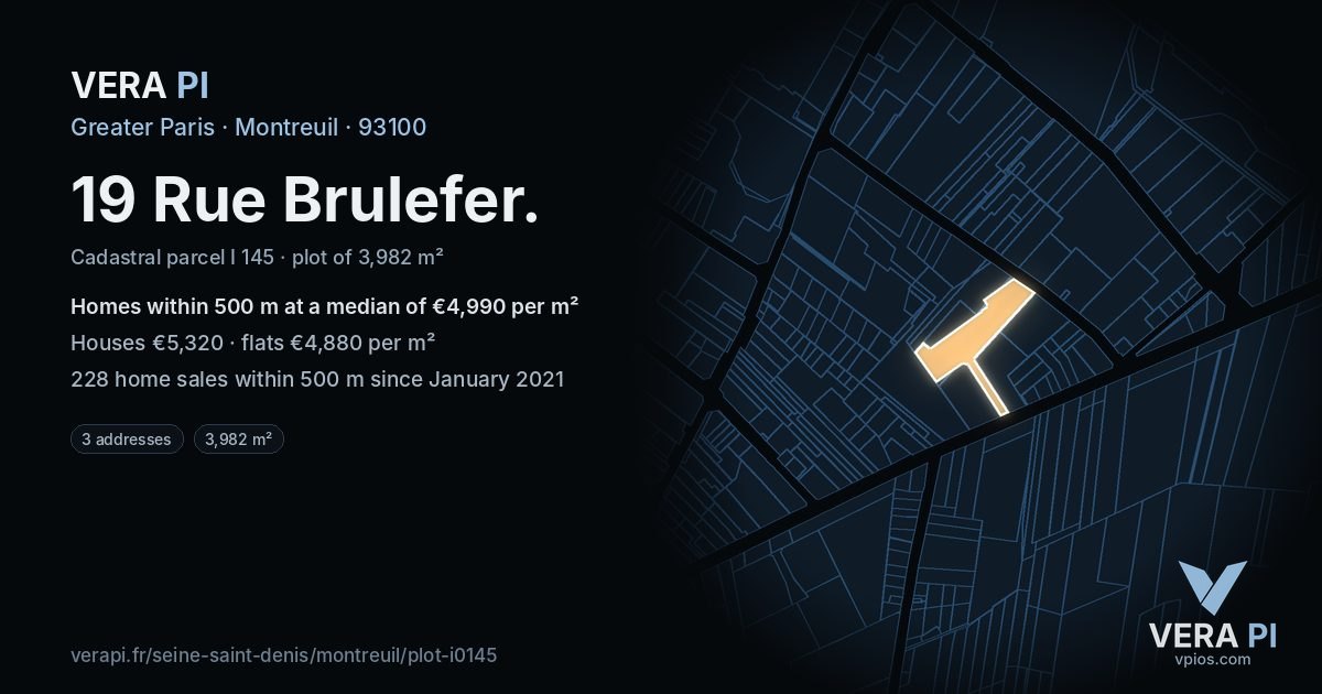 19 Rue Brulefer, Montreuil at night – the plot lit, the parcels around coloured by the prices near them