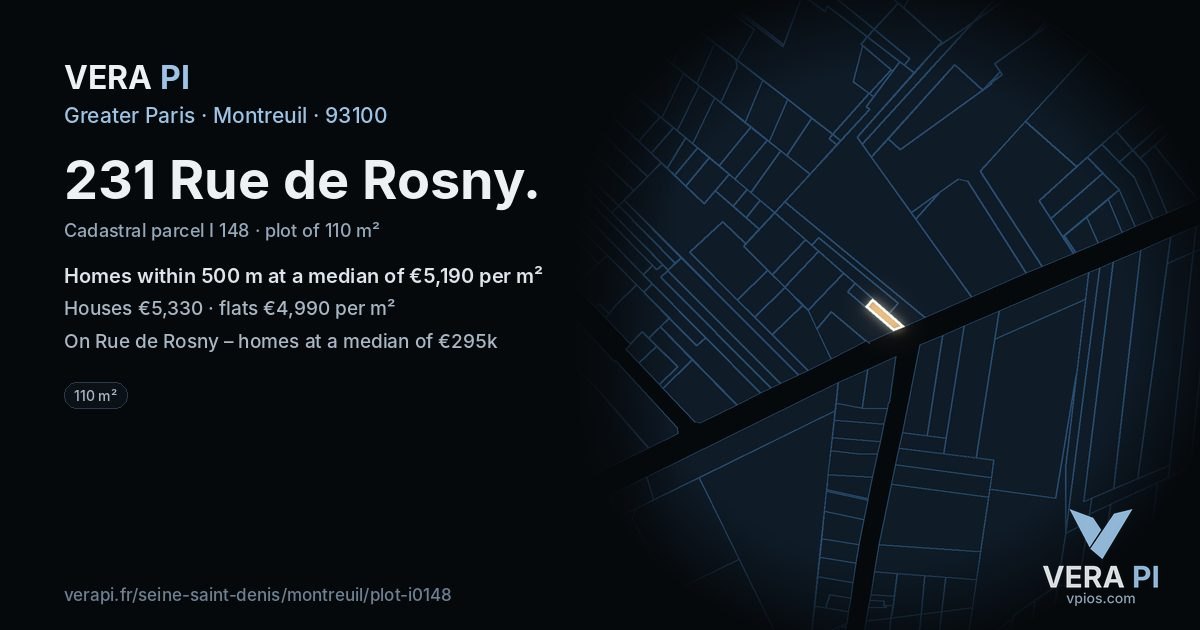 231 Rue de Rosny, Montreuil at night – the plot lit, the parcels around coloured by the prices near them