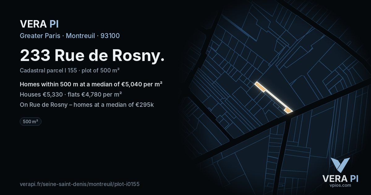 233 Rue de Rosny, Montreuil at night – the plot lit, the parcels around coloured by the prices near them
