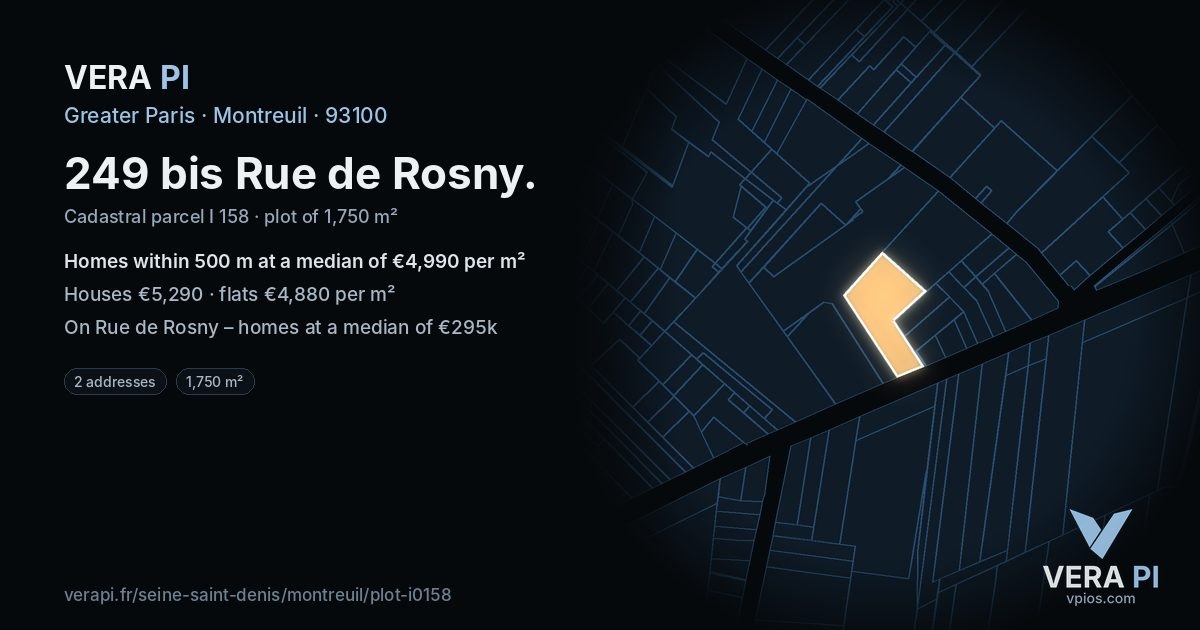 249 bis Rue de Rosny, Montreuil at night – the plot lit, the parcels around coloured by the prices near them