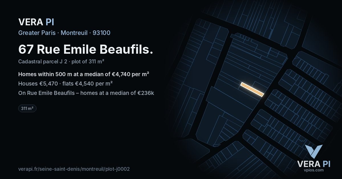 67 Rue Emile Beaufils, Montreuil at night – the plot lit, the parcels around coloured by the prices near them