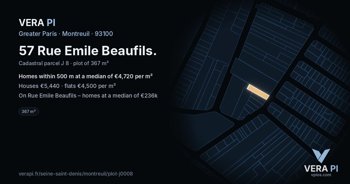 57 Rue Emile Beaufils, Montreuil at night – the plot lit, the parcels around coloured by the prices near them