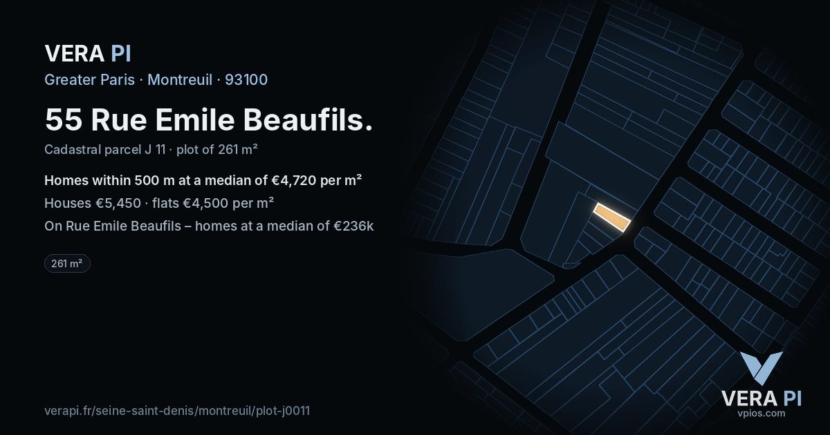 55 Rue Emile Beaufils, Montreuil at night – the plot lit, the parcels around coloured by the prices near them