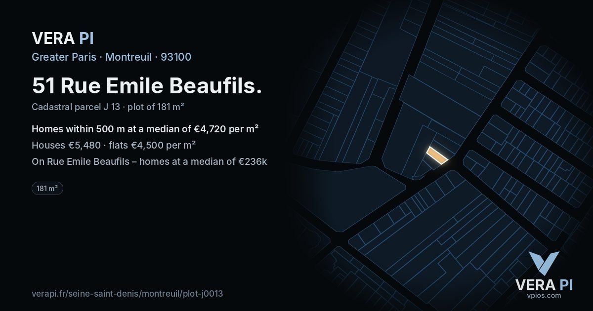 51 Rue Emile Beaufils, Montreuil at night – the plot lit, the parcels around coloured by the prices near them