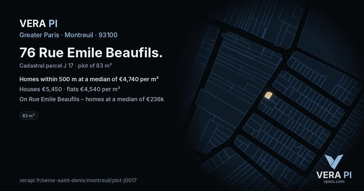 76 Rue Emile Beaufils, Montreuil at night – the plot lit, the parcels around coloured by the prices near them
