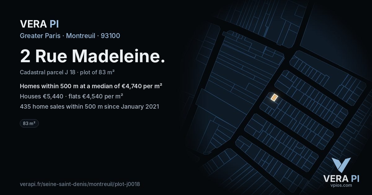 2 Rue Madeleine, Montreuil at night – the plot lit, the parcels around coloured by the prices near them