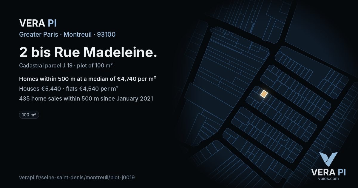 2 bis Rue Madeleine, Montreuil at night – the plot lit, the parcels around coloured by the prices near them