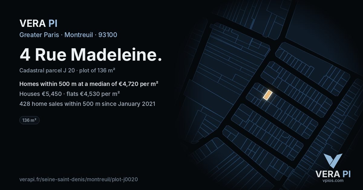 4 Rue Madeleine, Montreuil at night – the plot lit, the parcels around coloured by the prices near them