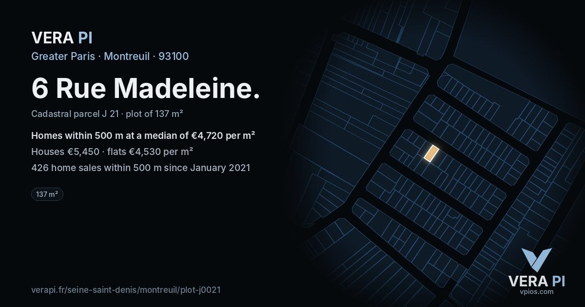 6 Rue Madeleine, Montreuil at night – the plot lit, the parcels around coloured by the prices near them