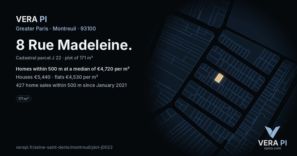 8 Rue Madeleine, Montreuil at night – the plot lit, the parcels around coloured by the prices near them