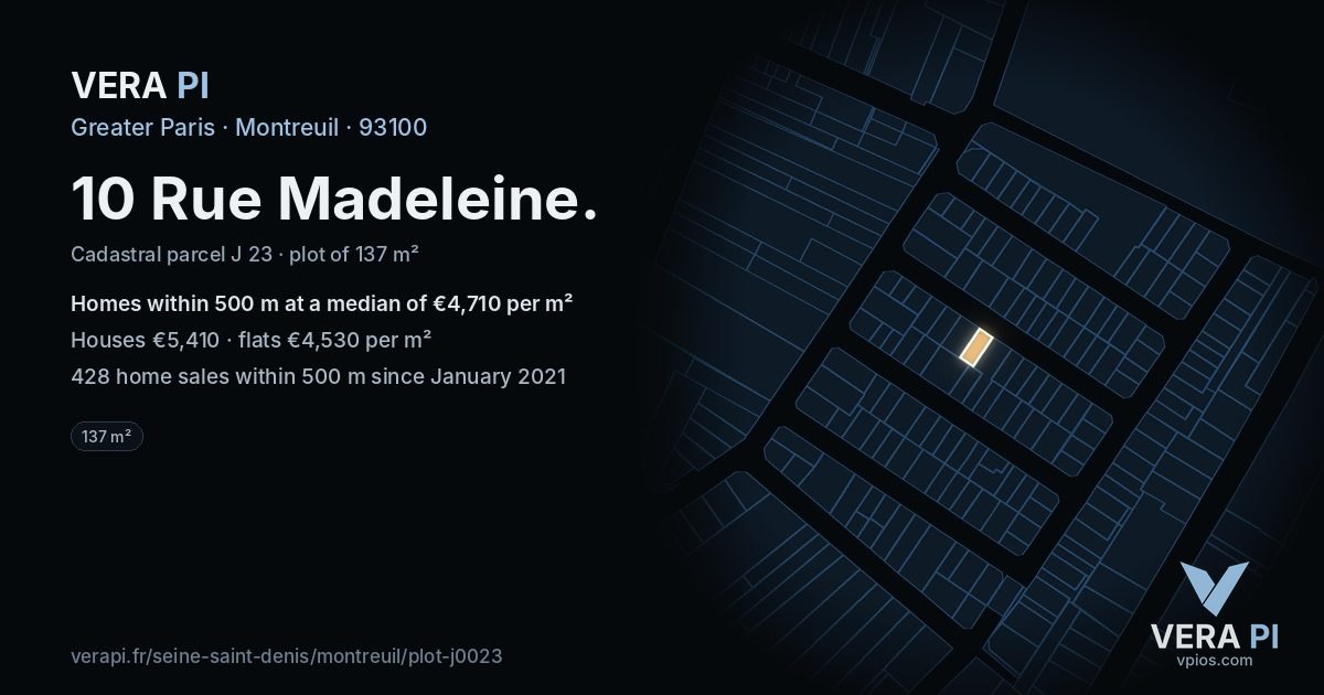 10 Rue Madeleine, Montreuil at night – the plot lit, the parcels around coloured by the prices near them