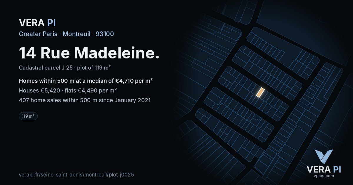 14 Rue Madeleine, Montreuil at night – the plot lit, the parcels around coloured by the prices near them