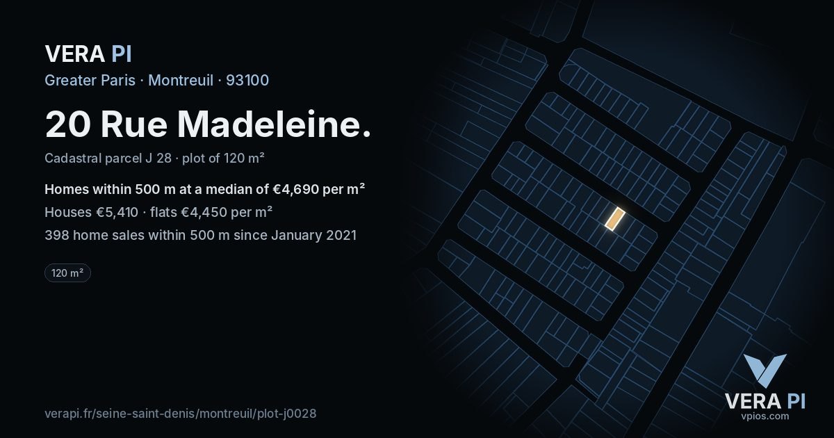20 Rue Madeleine, Montreuil at night – the plot lit, the parcels around coloured by the prices near them