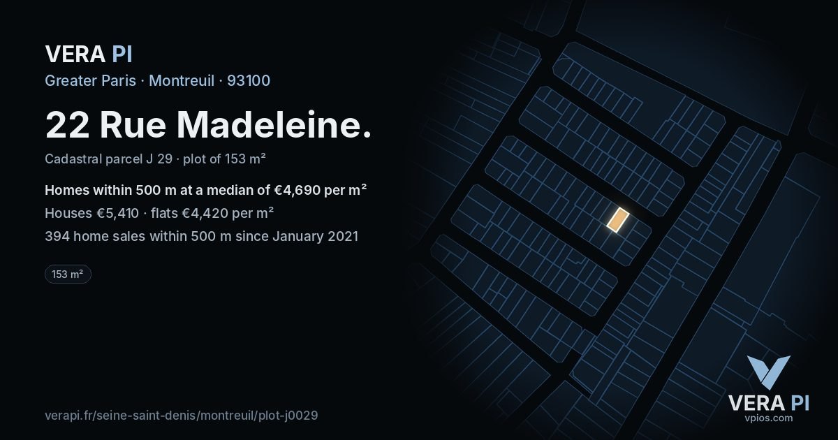 22 Rue Madeleine, Montreuil at night – the plot lit, the parcels around coloured by the prices near them