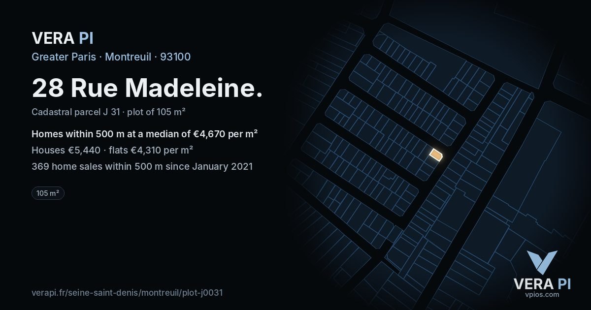 28 Rue Madeleine, Montreuil at night – the plot lit, the parcels around coloured by the prices near them