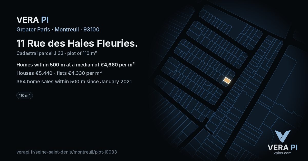11 Rue des Haies Fleuries, Montreuil at night – the plot lit, the parcels around coloured by the prices near them