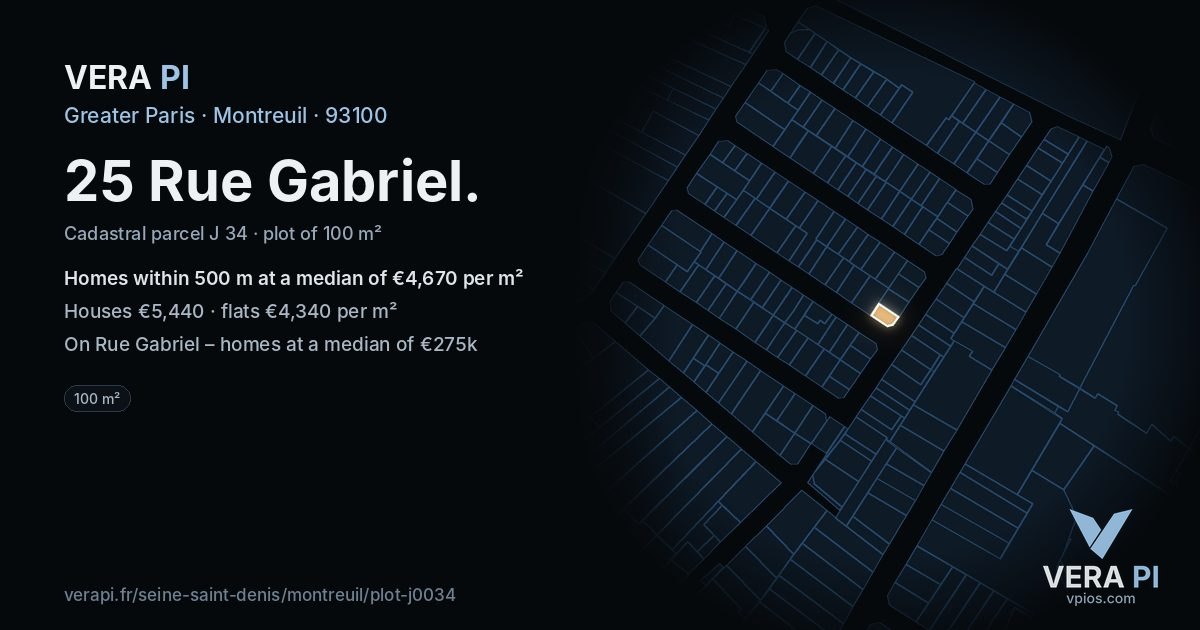 25 Rue Gabriel, Montreuil at night – the plot lit, the parcels around coloured by the prices near them