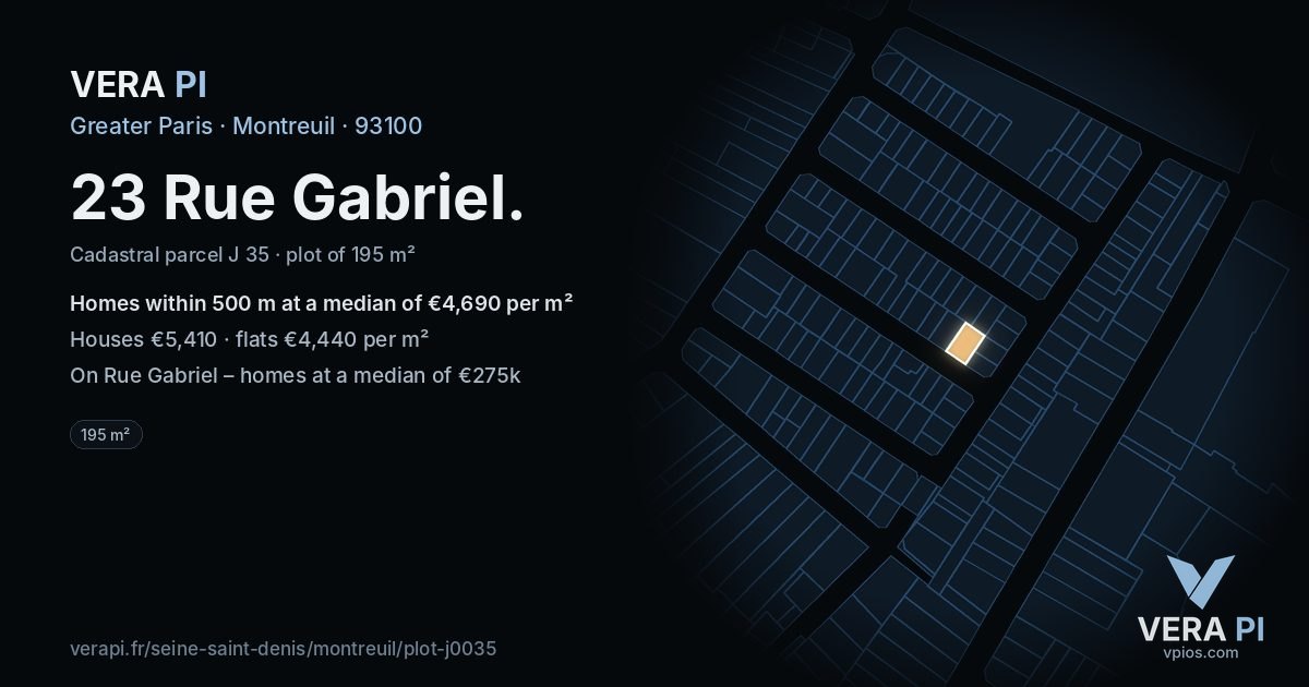 23 Rue Gabriel, Montreuil at night – the plot lit, the parcels around coloured by the prices near them