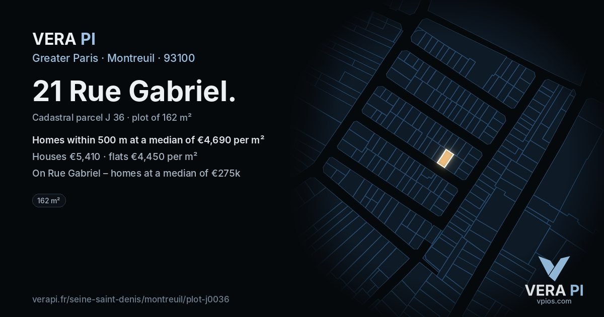 21 Rue Gabriel, Montreuil at night – the plot lit, the parcels around coloured by the prices near them