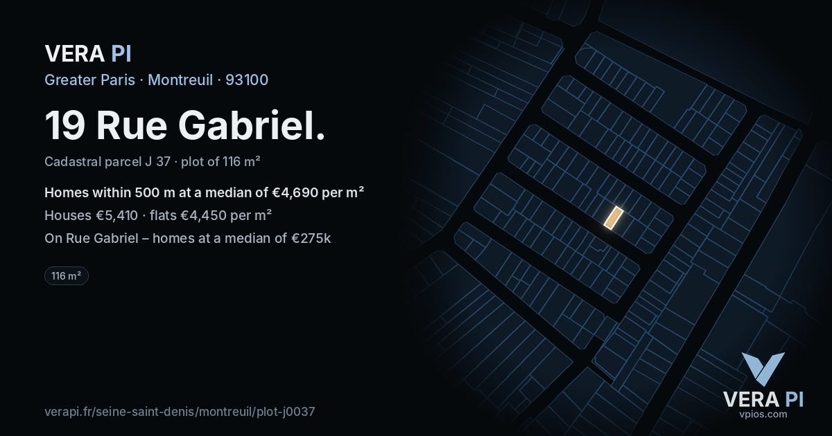 19 Rue Gabriel, Montreuil at night – the plot lit, the parcels around coloured by the prices near them