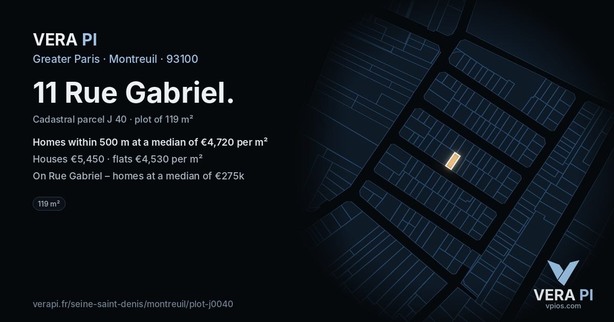 11 Rue Gabriel, Montreuil at night – the plot lit, the parcels around coloured by the prices near them