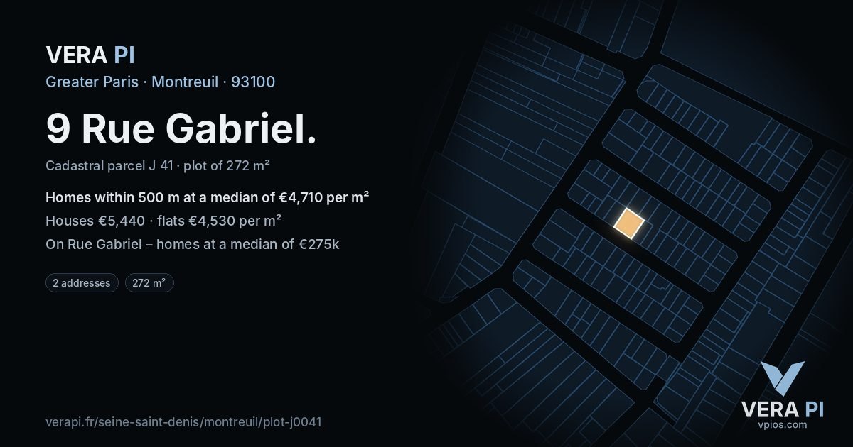 9 Rue Gabriel, Montreuil at night – the plot lit, the parcels around coloured by the prices near them