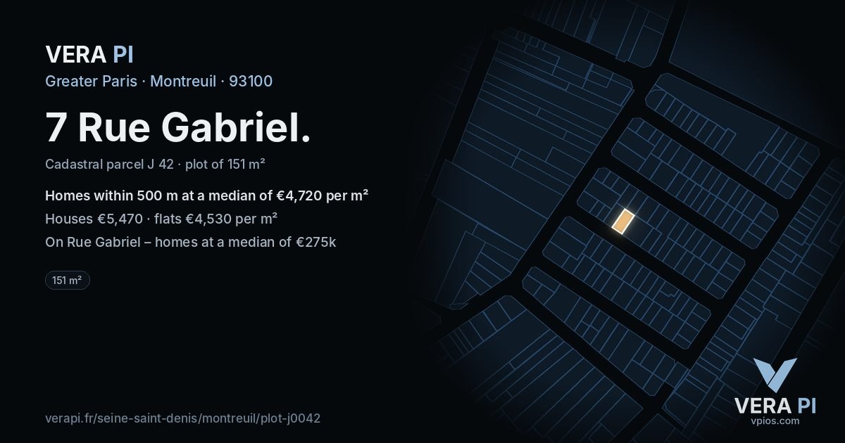 7 Rue Gabriel, Montreuil at night – the plot lit, the parcels around coloured by the prices near them