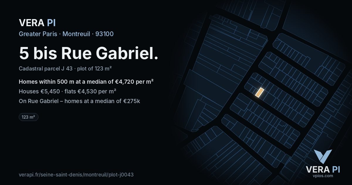 5 bis Rue Gabriel, Montreuil at night – the plot lit, the parcels around coloured by the prices near them