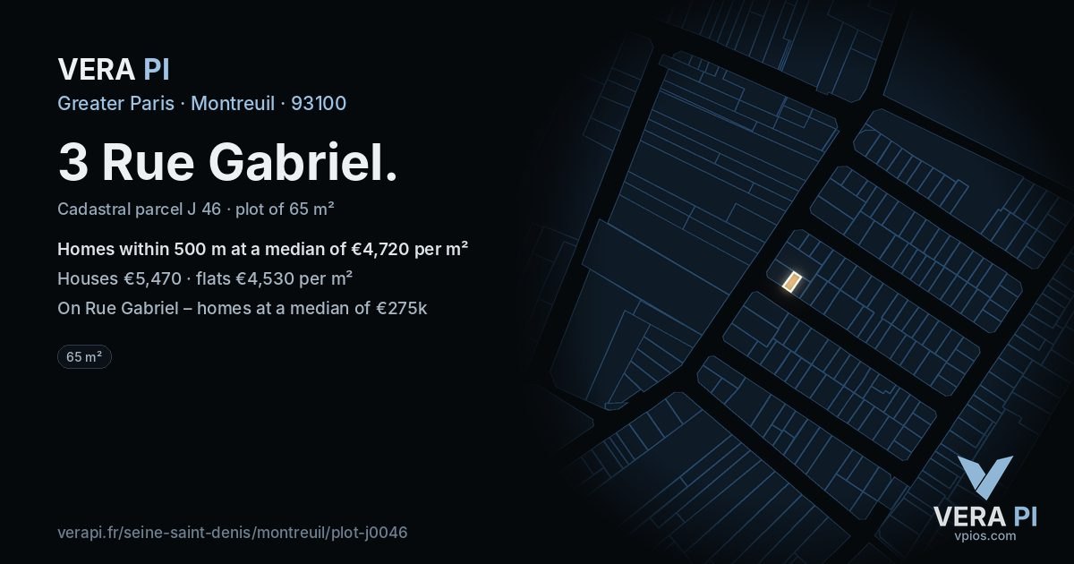3 Rue Gabriel, Montreuil at night – the plot lit, the parcels around coloured by the prices near them