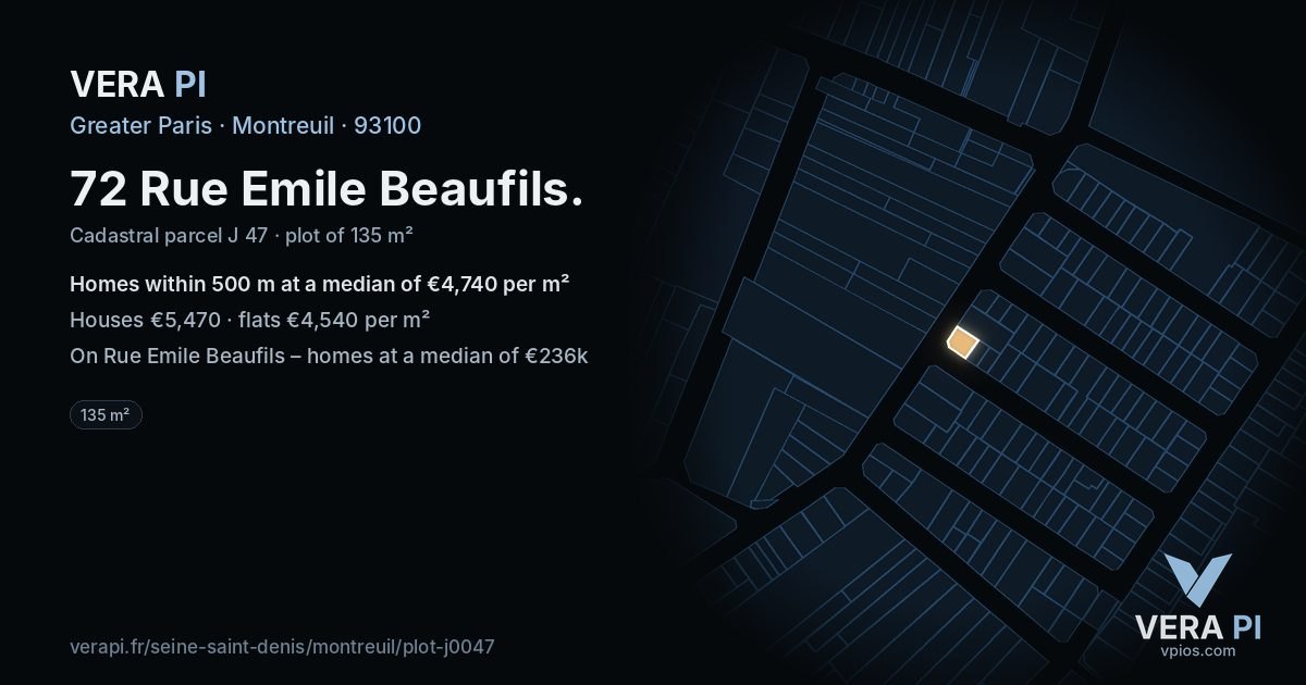 72 Rue Emile Beaufils, Montreuil at night – the plot lit, the parcels around coloured by the prices near them