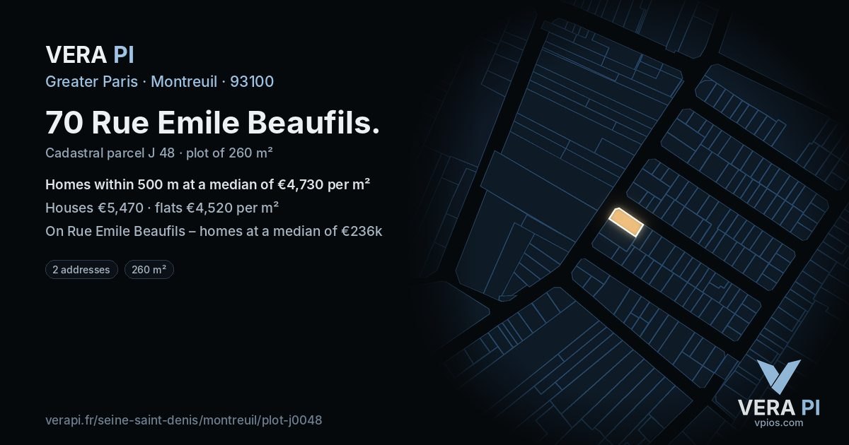 70 Rue Emile Beaufils, Montreuil at night – the plot lit, the parcels around coloured by the prices near them