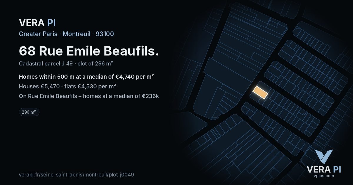 68 Rue Emile Beaufils, Montreuil at night – the plot lit, the parcels around coloured by the prices near them