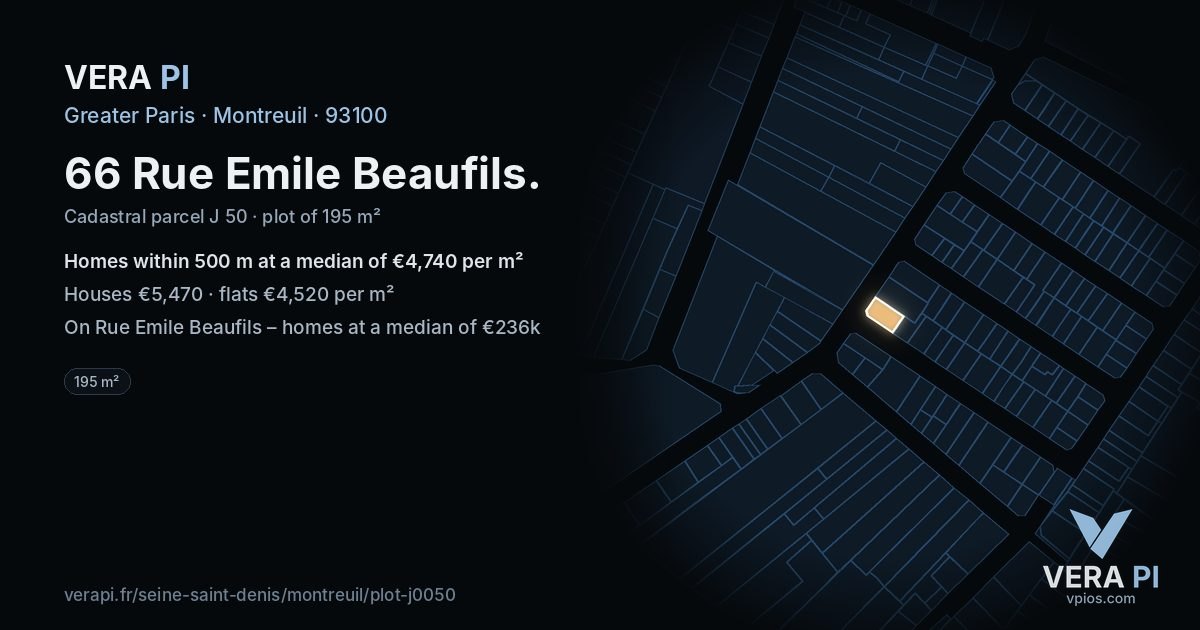 66 Rue Emile Beaufils, Montreuil at night – the plot lit, the parcels around coloured by the prices near them