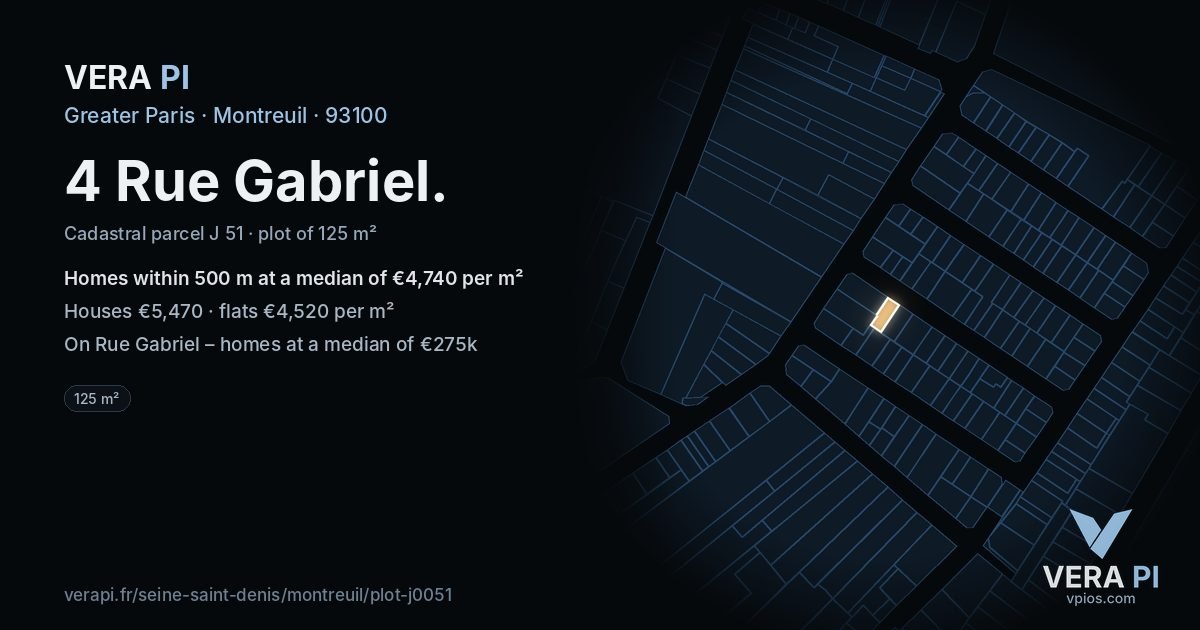 4 Rue Gabriel, Montreuil at night – the plot lit, the parcels around coloured by the prices near them