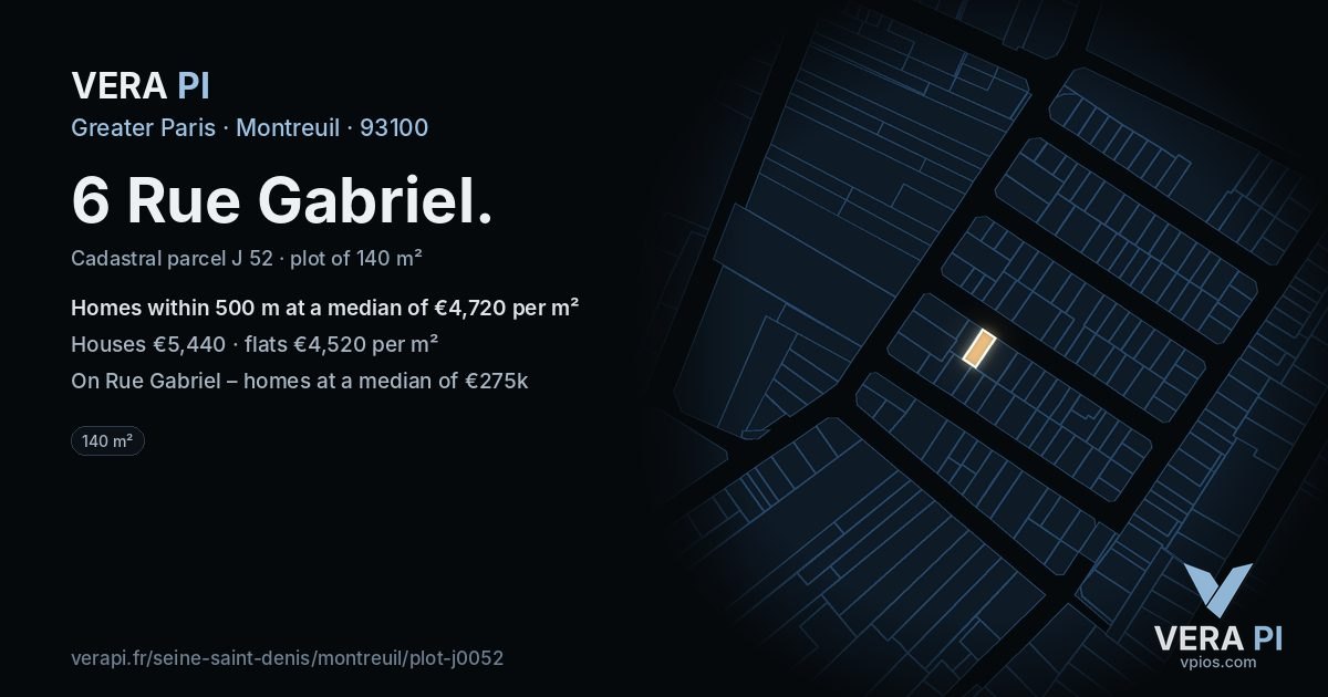6 Rue Gabriel, Montreuil at night – the plot lit, the parcels around coloured by the prices near them