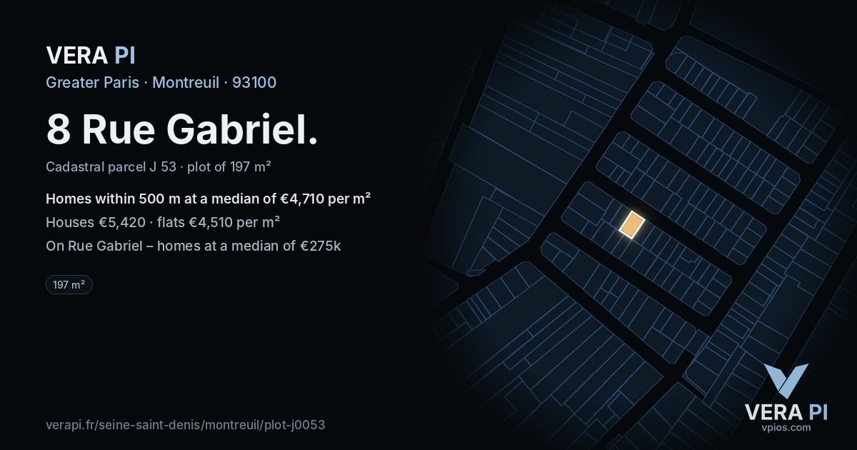 8 Rue Gabriel, Montreuil at night – the plot lit, the parcels around coloured by the prices near them