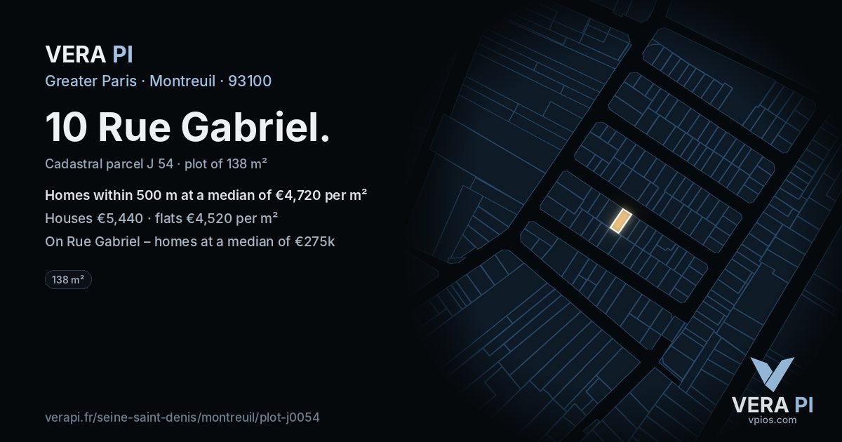 10 Rue Gabriel, Montreuil at night – the plot lit, the parcels around coloured by the prices near them