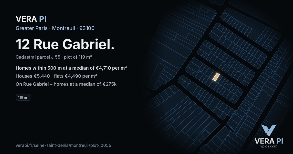 12 Rue Gabriel, Montreuil at night – the plot lit, the parcels around coloured by the prices near them