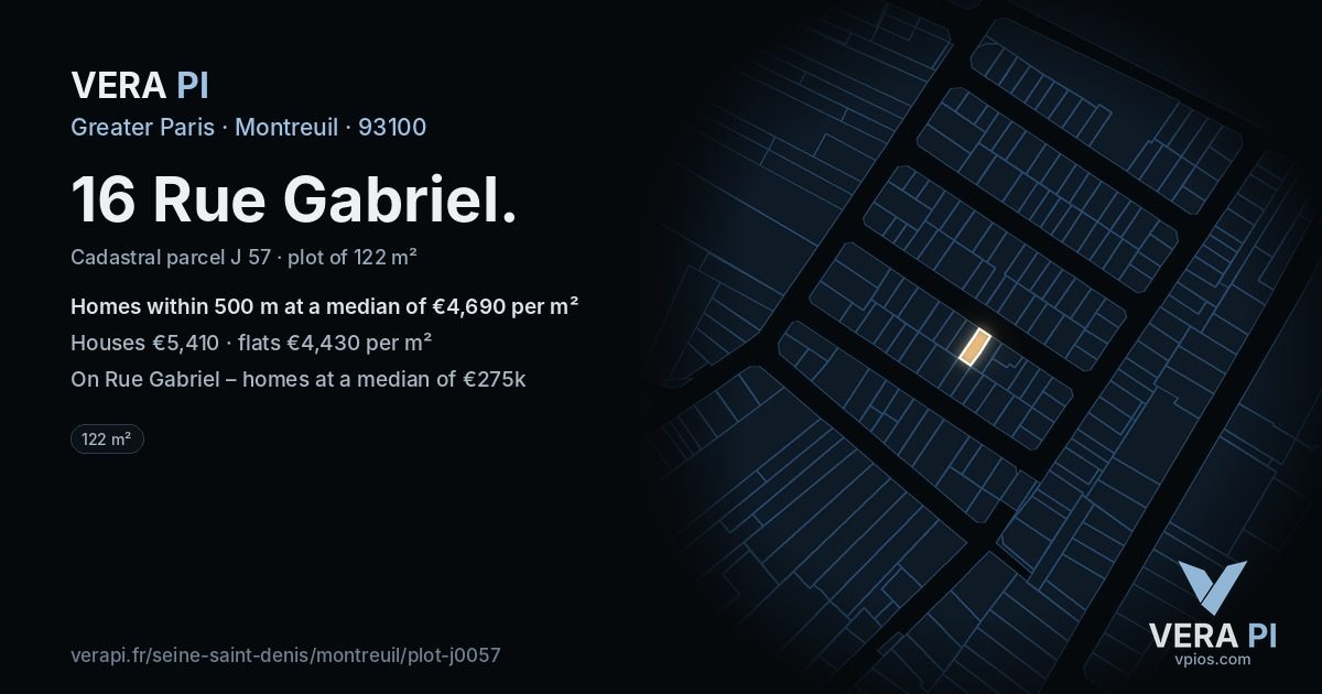 16 Rue Gabriel, Montreuil at night – the plot lit, the parcels around coloured by the prices near them