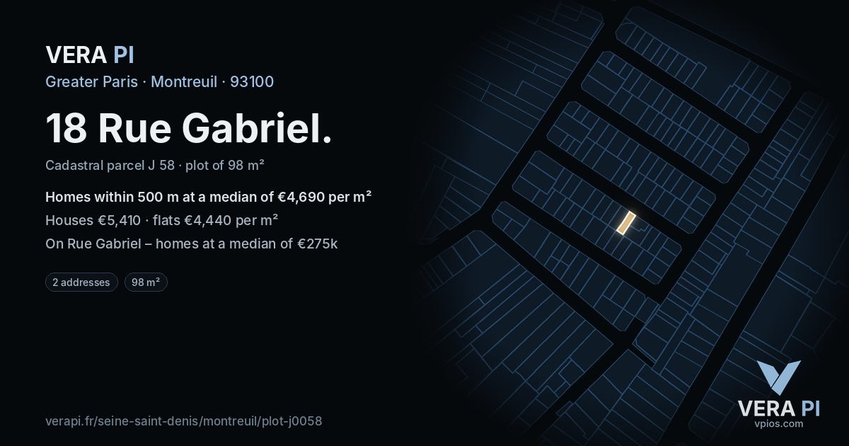 18 Rue Gabriel, Montreuil at night – the plot lit, the parcels around coloured by the prices near them