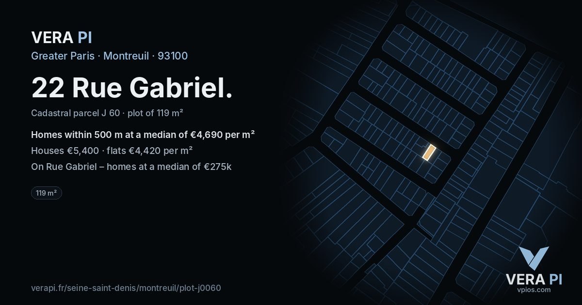 22 Rue Gabriel, Montreuil at night – the plot lit, the parcels around coloured by the prices near them