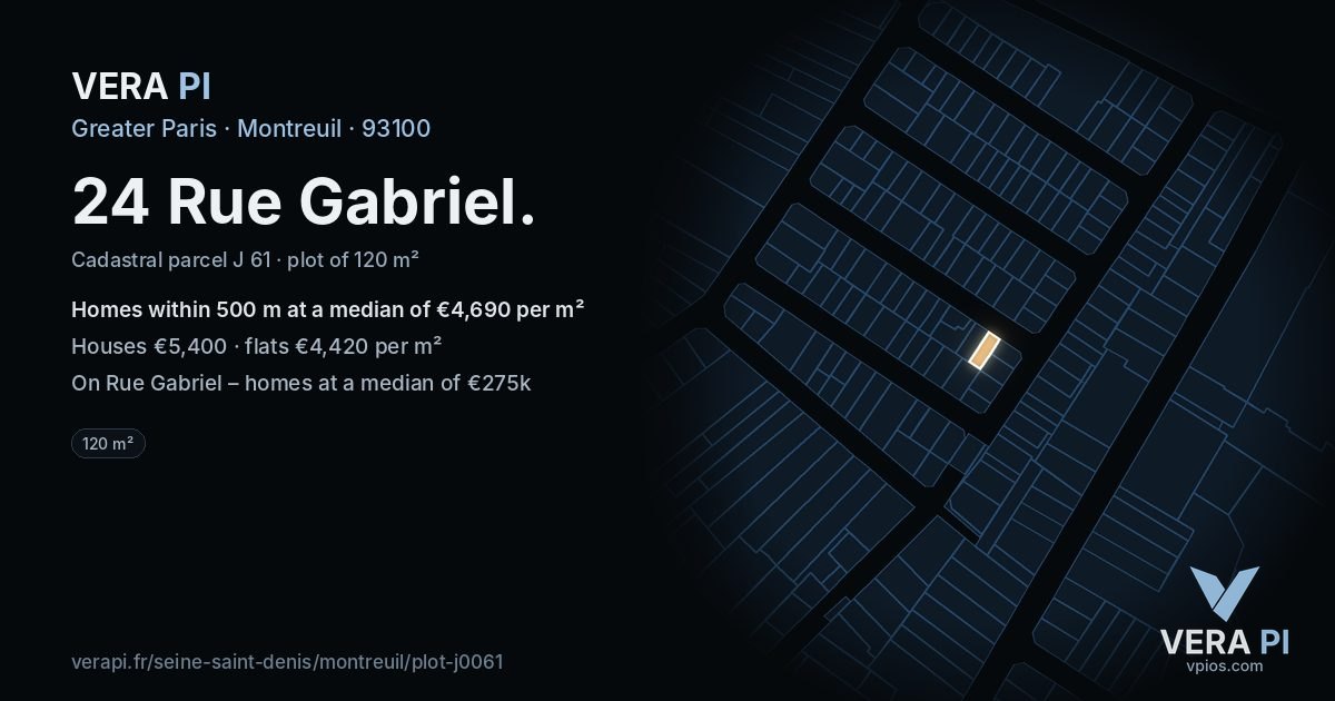 24 Rue Gabriel, Montreuil at night – the plot lit, the parcels around coloured by the prices near them