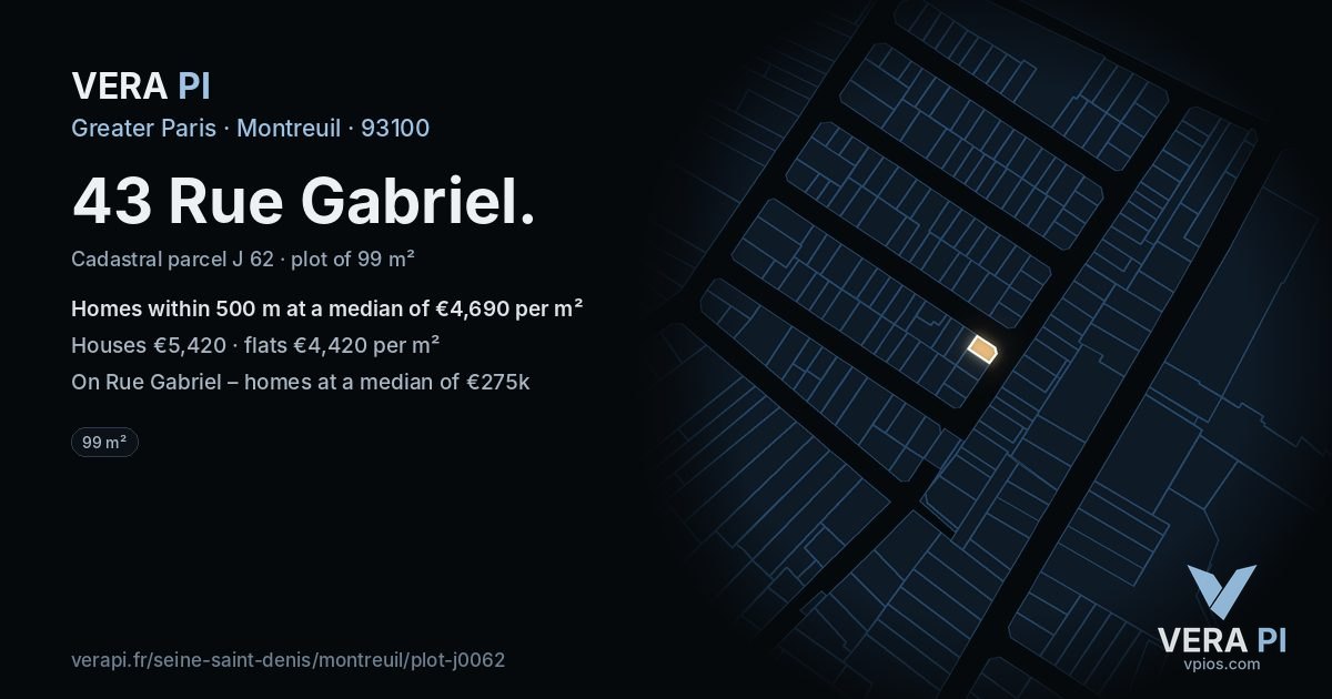 43 Rue Gabriel, Montreuil at night – the plot lit, the parcels around coloured by the prices near them