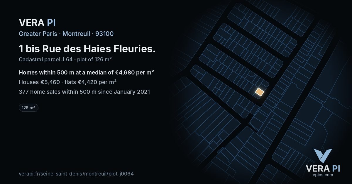 1 bis Rue des Haies Fleuries, Montreuil at night – the plot lit, the parcels around coloured by the prices near them