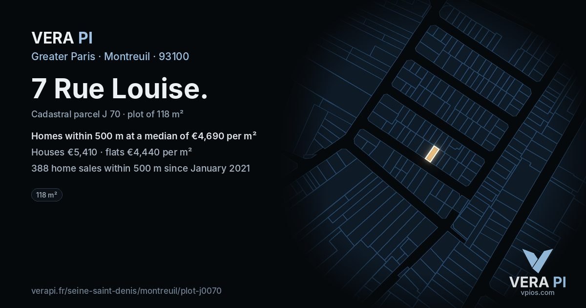 7 Rue Louise, Montreuil at night – the plot lit, the parcels around coloured by the prices near them