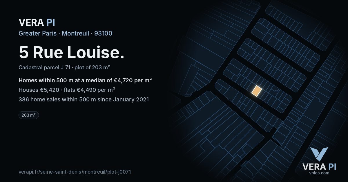 5 Rue Louise, Montreuil at night – the plot lit, the parcels around coloured by the prices near them