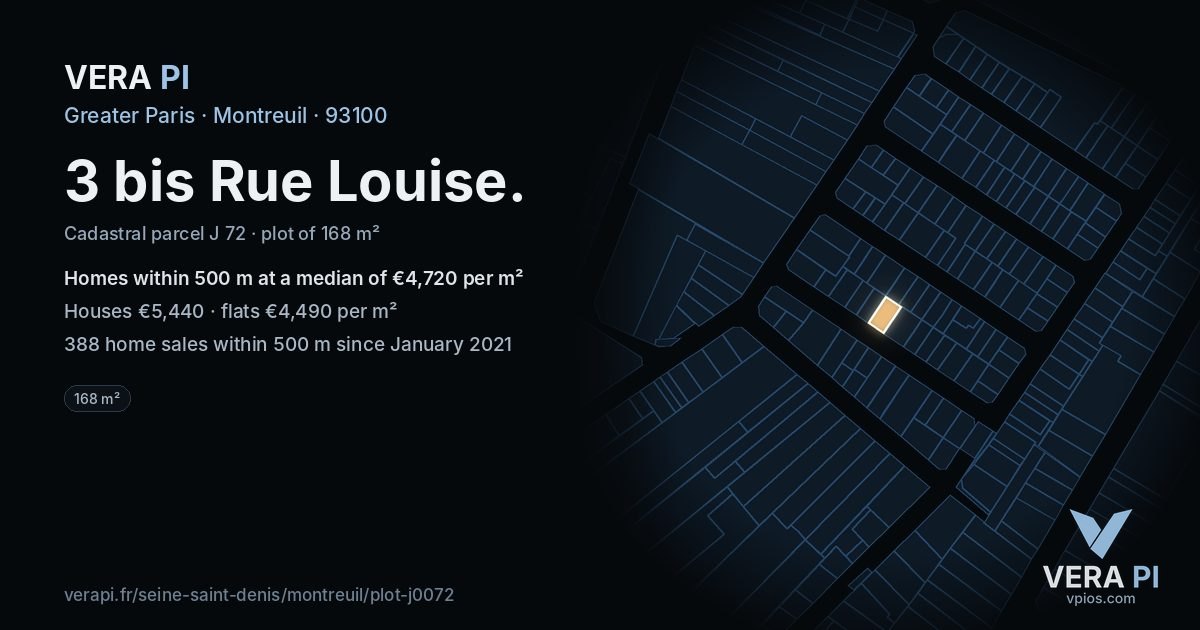 3 bis Rue Louise, Montreuil at night – the plot lit, the parcels around coloured by the prices near them