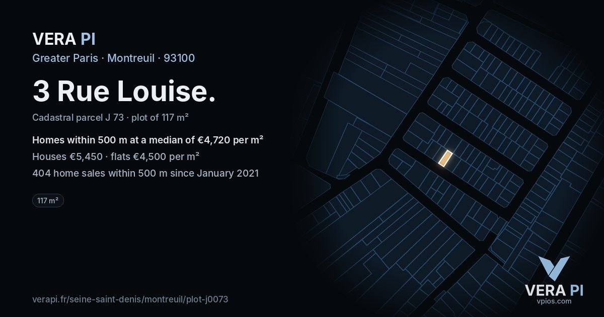 3 Rue Louise, Montreuil at night – the plot lit, the parcels around coloured by the prices near them