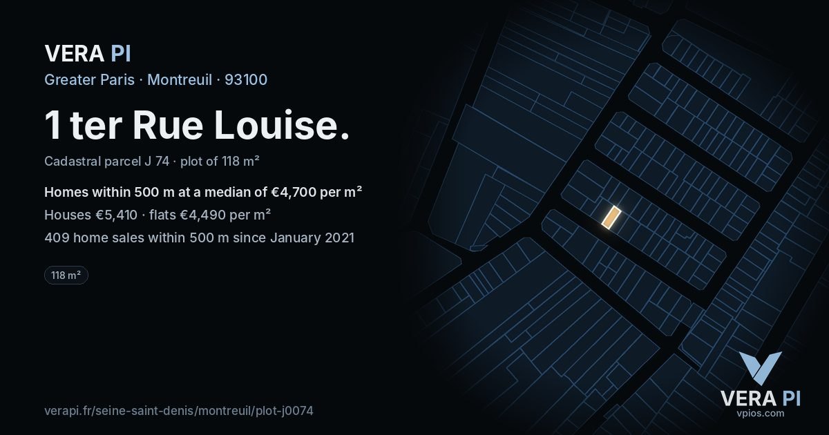 1 ter Rue Louise, Montreuil at night – the plot lit, the parcels around coloured by the prices near them